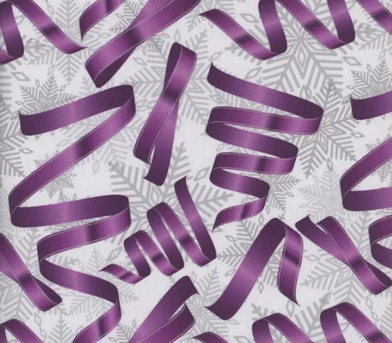 Mook Fabrics Christmas Purple Ribbons Silver Snowflakes 100% Cotton Fabric By the yard